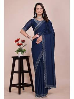 Nyri - Womens Blue Georgette Saree with Unstitched Blouse