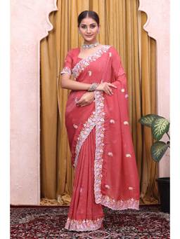 Nyri - Womens Coral Satin Saree with Unstitched Blouse