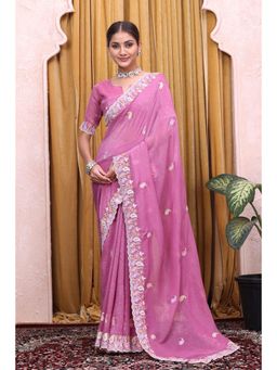 Nyri - Womens Pink Satin Saree with Unstitched Blouse