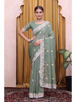 Nyri - Womens Green Satin Saree with Unstitched Blouse