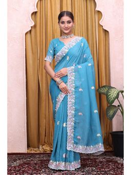 Nyri - Womens Blue Satin Saree with Unstitched Blouse