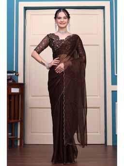 Nyri - Womens Brown Georgette Saree with Unstitched Blouse