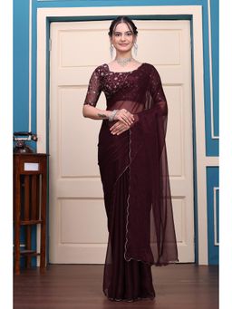 Nyri - Womens Maroon Georgette Saree with Unstitched Blouse