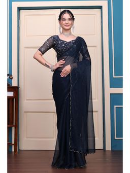 Nyri - Womens Blue Georgette Saree with Unstitched Blouse