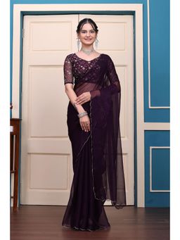 Nyri - Womens Wine Georgette Saree with Unstitched Blouse