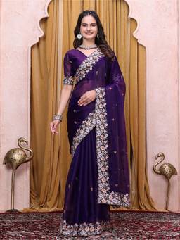 Nyri - Womens Purple Tissue Saree with Embroidered Border