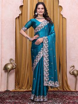 Nyri - Womens Teal Tissue Saree with Embroidered Border