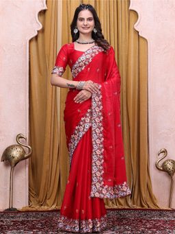 Nyri - Womens Red Tissue Saree with Embroidered Border
