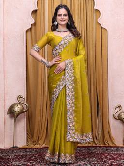 Nyri - Womens Yellow Tissue Saree with Embroidered Border