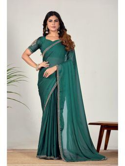 Nyri - Womens Green Georgette Saree with Unstitched Blouse