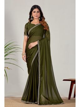 Nyri - Womens Green Georgette Saree with Unstitched Blouse