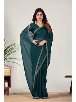 Nyri - Womens Teal Georgette Saree with Unstitched Blouse