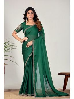 Nyri - Womens Green Georgette Saree with Unstitched Blouse