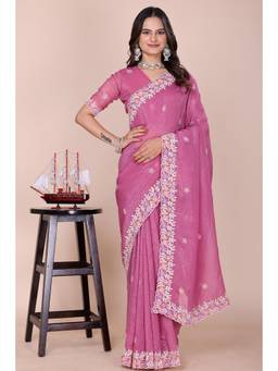 Nyri - Womens Pink Tissue Saree with Embroidered Border