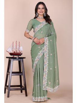 Nyri - Womens Green Tissue Saree with Embroidered Border