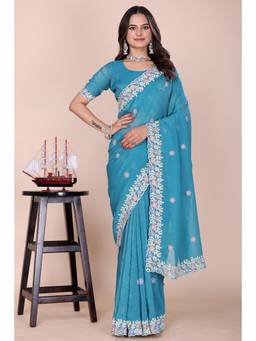 Nyri - Womens Blue Tissue Saree with Embroidered Border