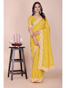 Nyri - Womens Yellow Tissue Saree with Embroidered Border