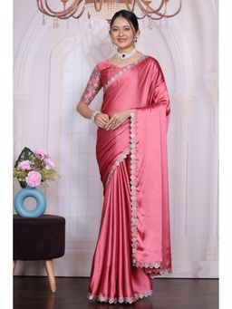 Nyri - Womens Pink Satin Saree with Unstitched Blouse