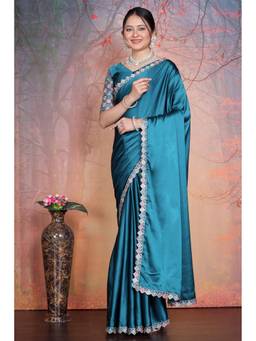 Nyri - Womens Teal Satin Saree with Unstitched Blouse