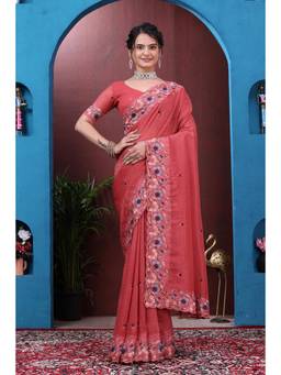 Nyri - Womens Orange Tissue Saree with Embroidered Border