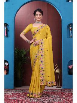 Nyri - Womens Yellow Tissue Saree with Embroidered Border