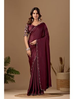 Nyri - Womens Maroon Chiffon Saree with Unstitched Blouse