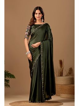 Nyri - Womens Green Chiffon Saree with Unstitched Blouse