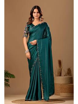 Nyri - Womens Green Chiffon Saree with Unstitched Blouse