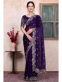 Nyri - Womens Purple Chiffon Saree with Unstitched Blouse