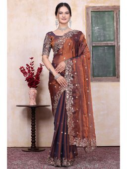 Nyri - Womens Brown Chiffon Saree with Unstitched Blouse
