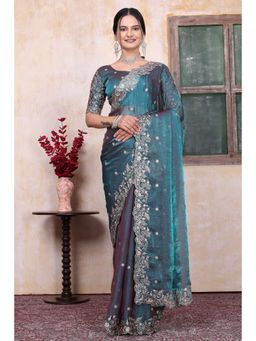Nyri - Womens Teal Chiffon Saree with Unstitched Blouse