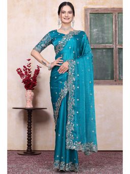 Nyri - Womens Blue Chiffon Saree with Unstitched Blouse