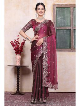 Nyri - Womens Wine Chiffon Saree with Unstitched Blouse