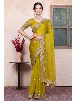 Nyri - Womens Yellow Chiffon Saree with Unstitched Blouse