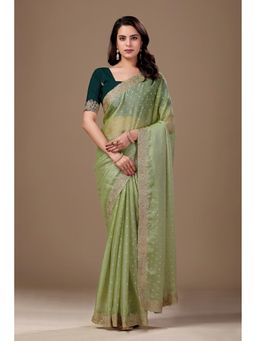 Nyri - Womens Green Chiffon Saree with Unstitched Blouse