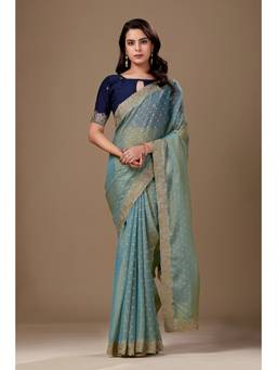 Nyri - Womens Blue Chiffon Saree with Unstitched Blouse