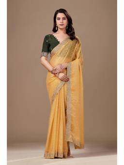 Nyri - Womens Yellow Chiffon Saree with Unstitched Blouse