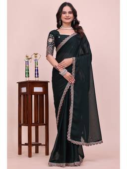 Nyri - Womens Green Georgette Saree with Unstitched Blouse