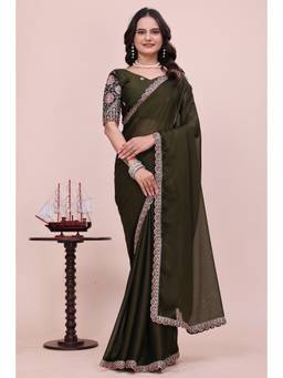 Nyri - Womens Green Georgette Saree with Unstitched Blouse