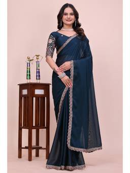 Nyri - Womens Teal Georgette Saree with Unstitched Blouse