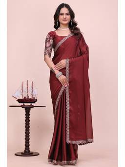 Nyri - Womens Maroon Georgette Saree with Unstitched Blouse