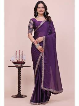 Nyri - Womens Purple Georgette Saree with Unstitched Blouse