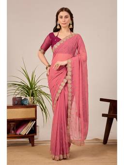 Nyri - Womens Peach Georgette Saree with Unstitched Blouse