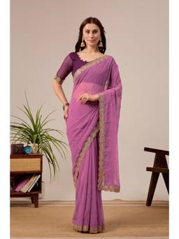 Nyri - Womens Pink Georgette Saree with Unstitched Blouse
