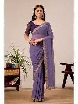 Nyri - Womens Purple Georgette Saree with Unstitched Blouse