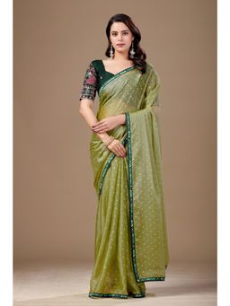 Nyri - Womens Green Chiffon Saree with Unstitched Blouse