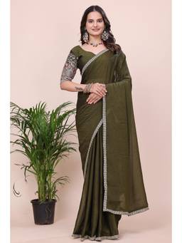 Nyri - Womens Olive Georgette Saree with Unstitched Blouse