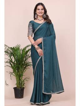Nyri - Womens Teal Georgette Saree with Unstitched Blouse