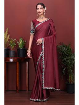 Nyri - Womens Maroon Georgette Saree with Unstitched Blouse