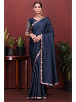 Nyri - Womens Blue Georgette Saree with Unstitched Blouse